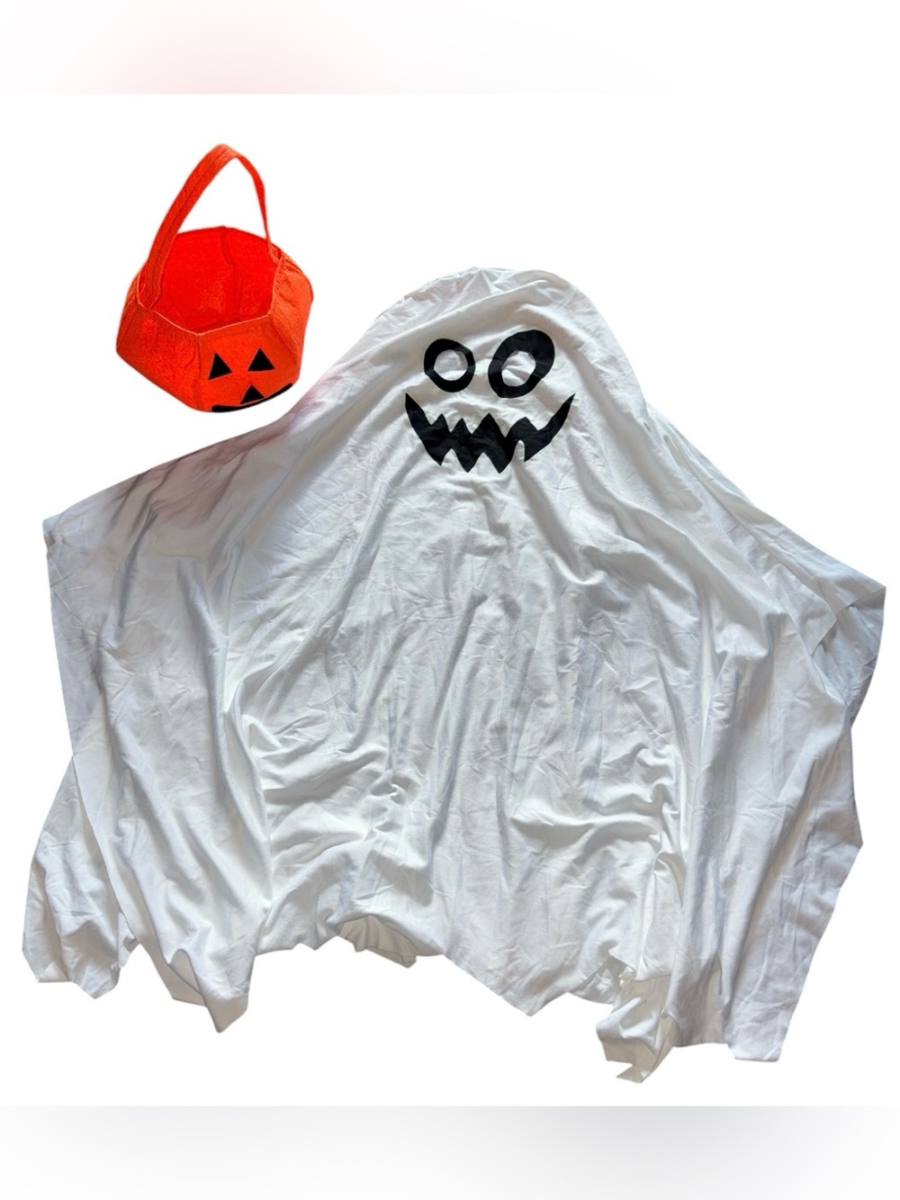 Glow in the Dark White Ghost Costume with Orange Pumpkin Treat Bag